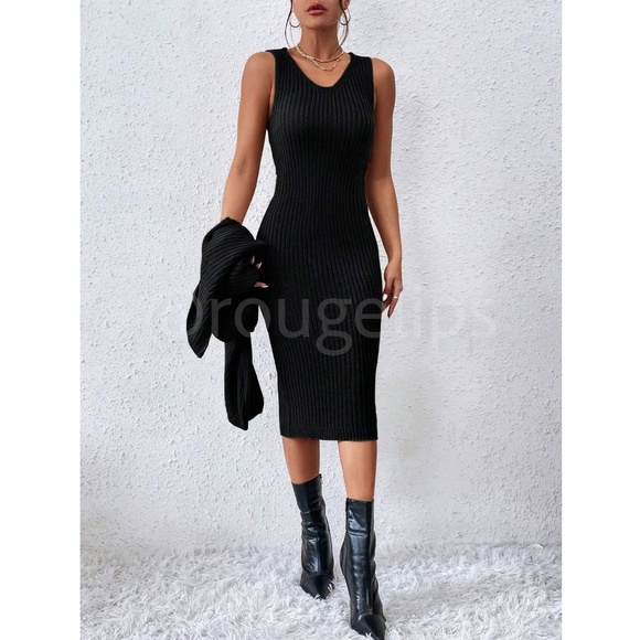 Black 2 Piece Set: Knit Midi Pencil Dress and Turtleneck Pullover Sweater - Picture 2 of 9